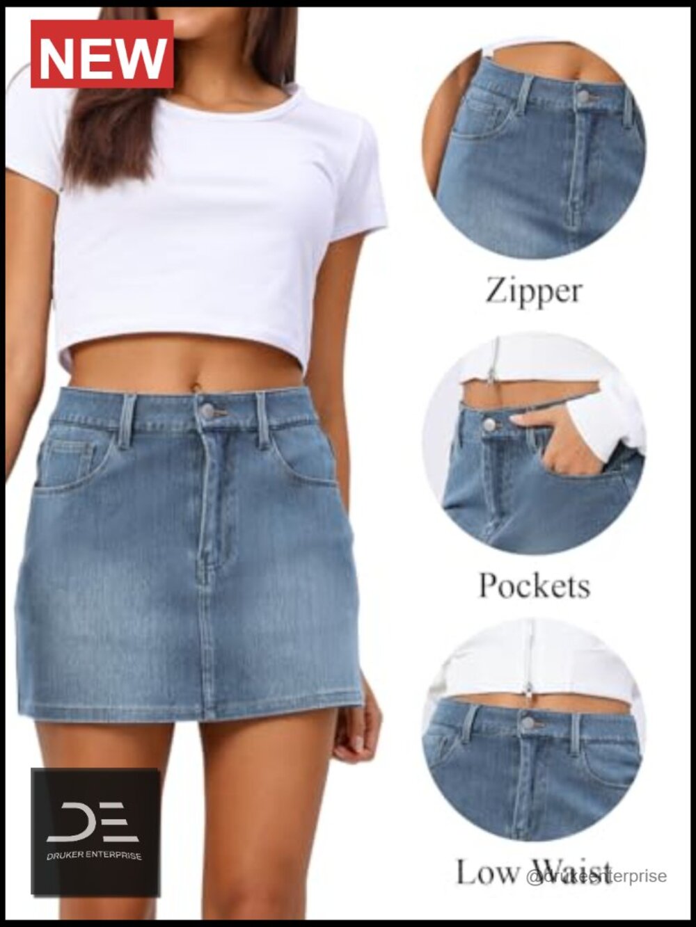 Stretch Casual Denim Mini Skirt with Pockets Zip Fly - Picture 4 of 7